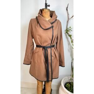 Camel Wrap Coat Black leather Trim | Minimalist Winter Jacket